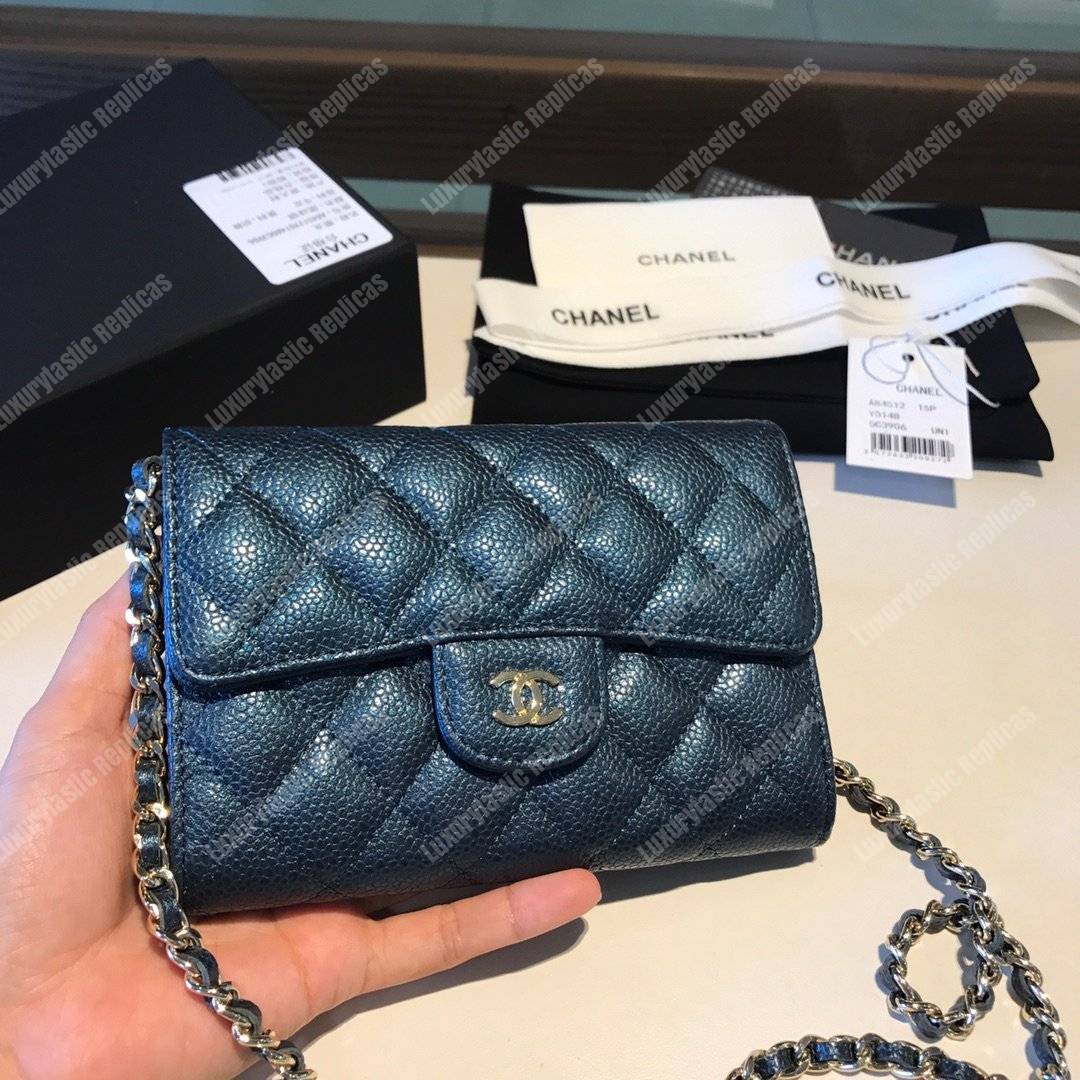 Ch*el classic clutch with chain – cwc caviar blue silver-toned