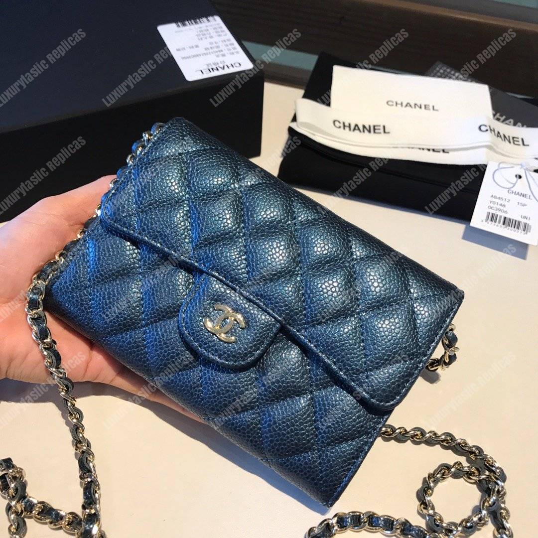 Ch*el classic clutch with chain – cwc caviar blue silver-toned