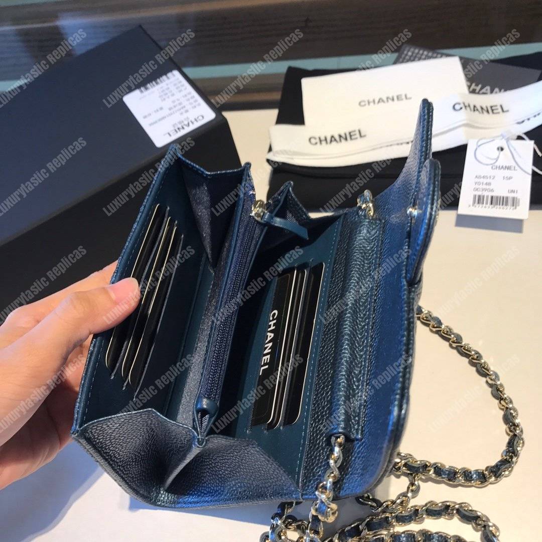 Ch*el classic clutch with chain – cwc caviar blue silver-toned