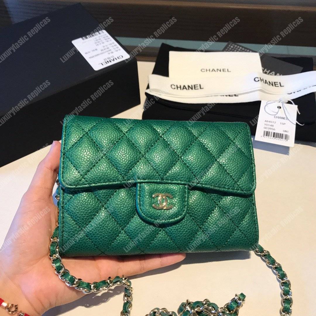 Ch*el classic clutch witch chain – cwc caviar green silver-toned