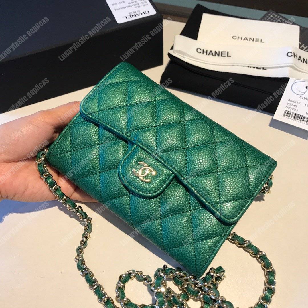 Ch*el classic clutch witch chain – cwc caviar green silver-toned