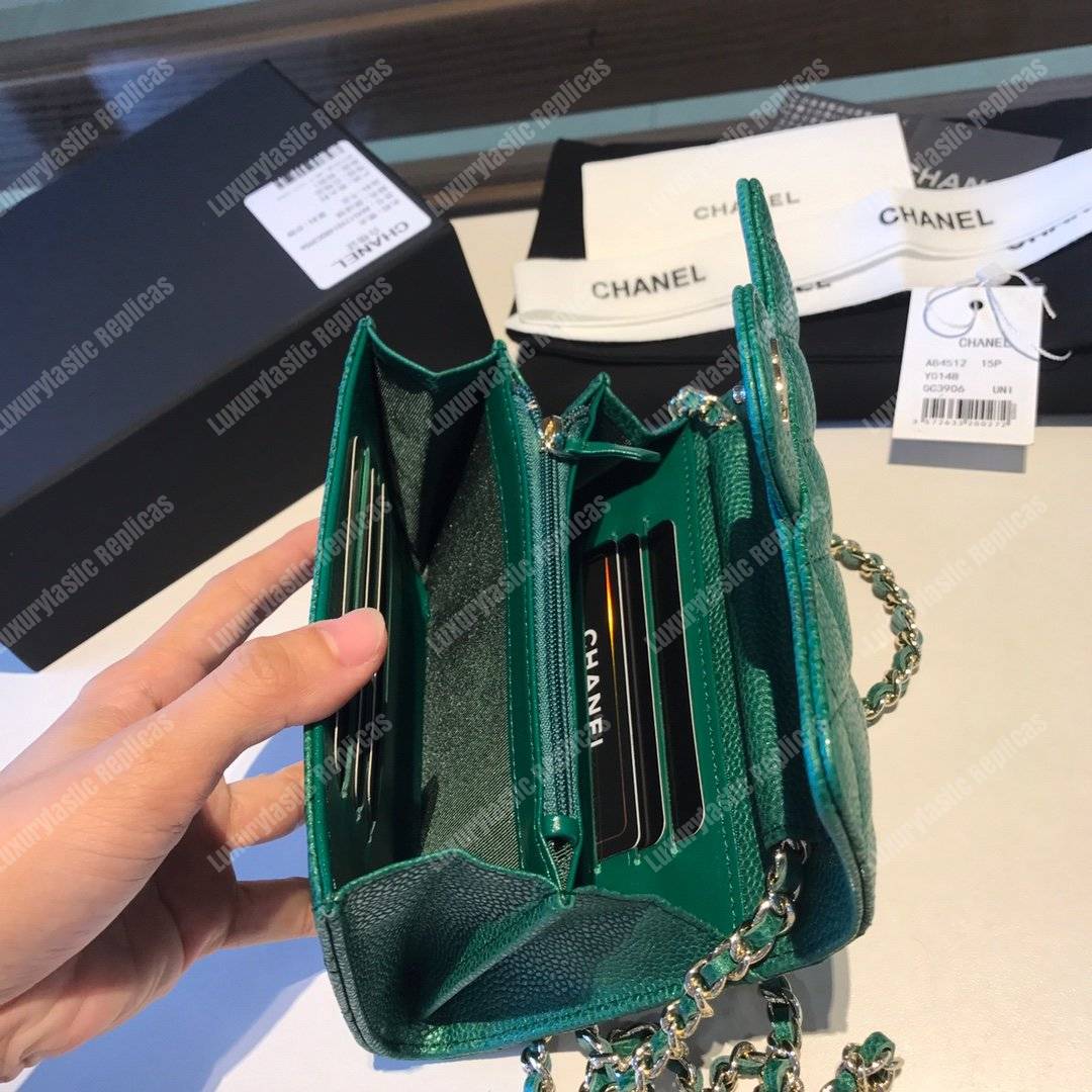 Ch*el classic clutch witch chain – cwc caviar green silver-toned