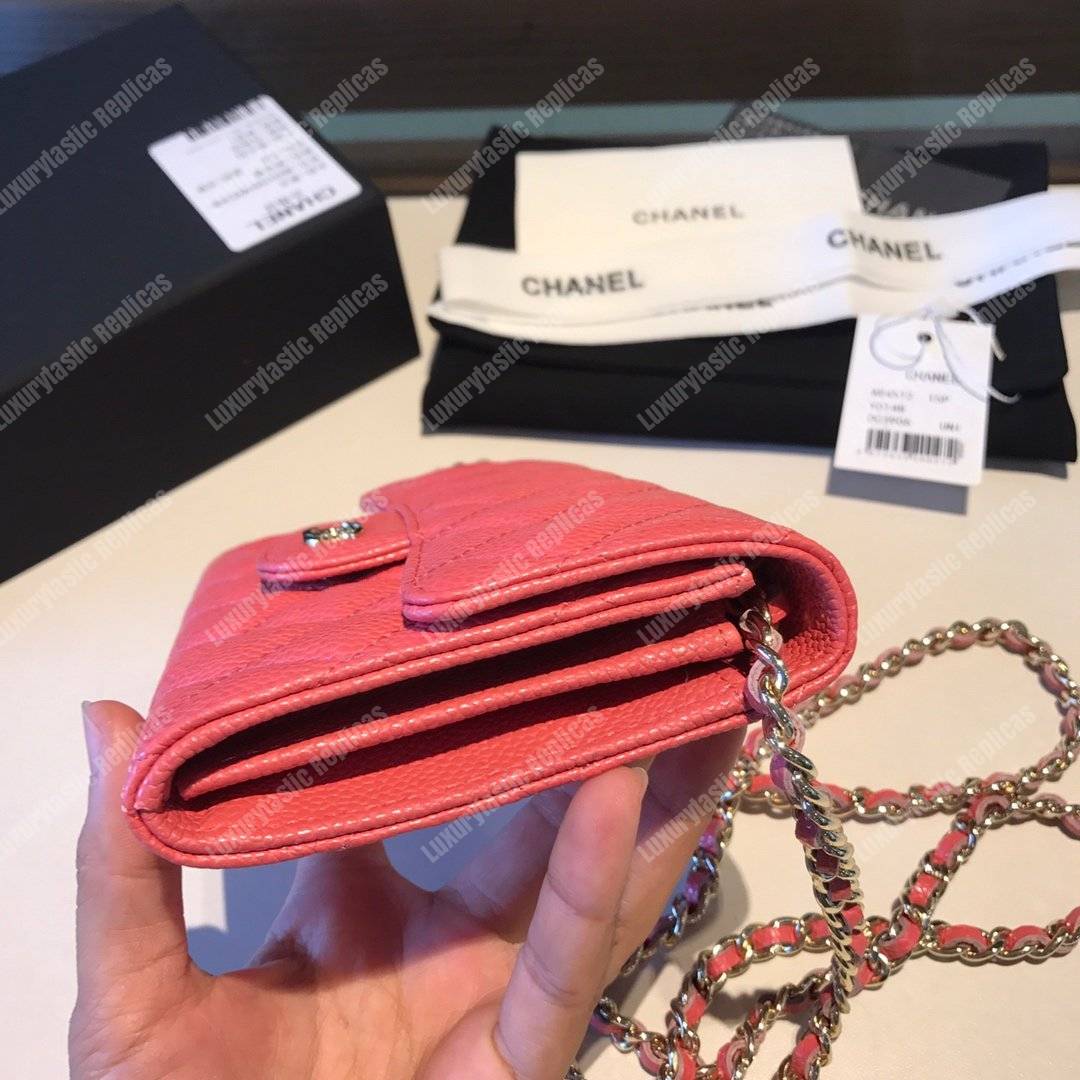 Ch*el classic clutch with chain – cwc caviar pink silver-toned