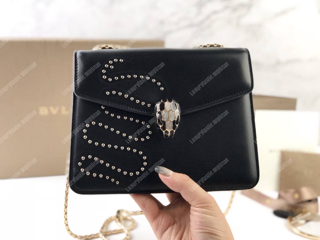 BVL Serpenti Forever Flap Cover Crossbody Bag Black With Studded Neon Motif