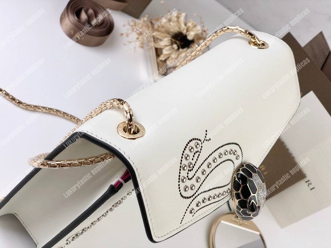 BVL Serpenti Forever Flap Cover Crossbody Bag White Agate With Studded Neon Motif