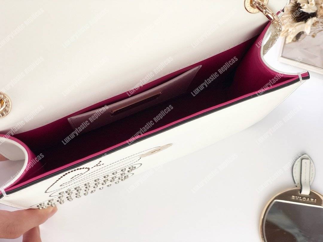 BVL Serpenti Forever Flap Cover Crossbody Bag White Agate With Studded Neon Motif