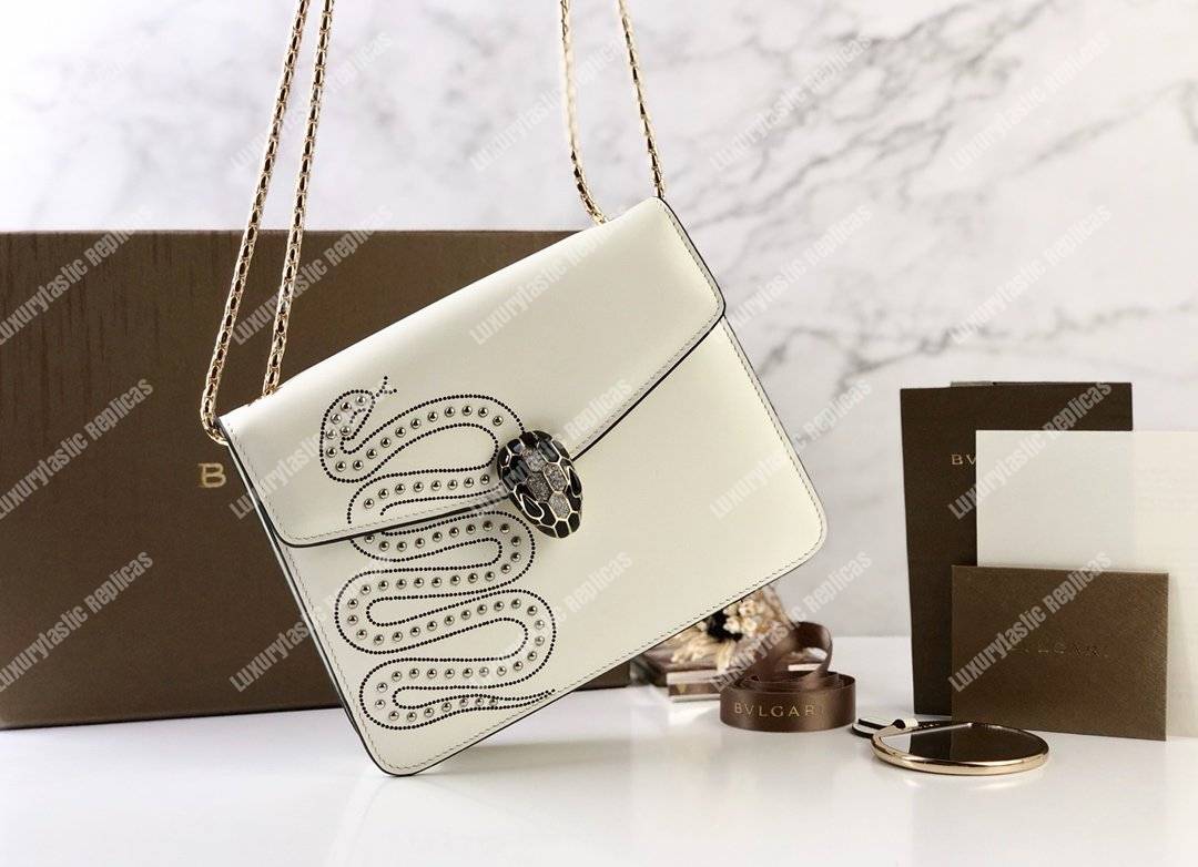 BVL Serpenti Forever Flap Cover Crossbody Bag White Agate With Studded Neon Motif