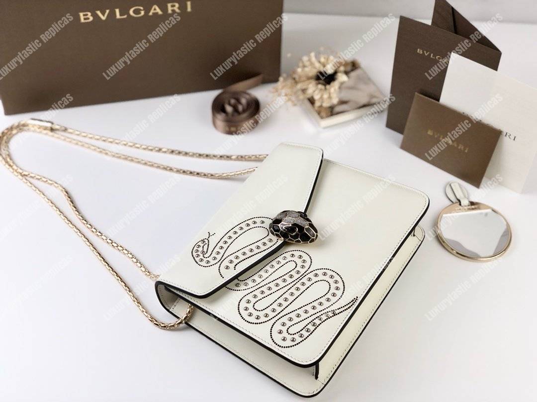 BVL Serpenti Forever Flap Cover Crossbody Bag White Agate With Studded Neon Motif