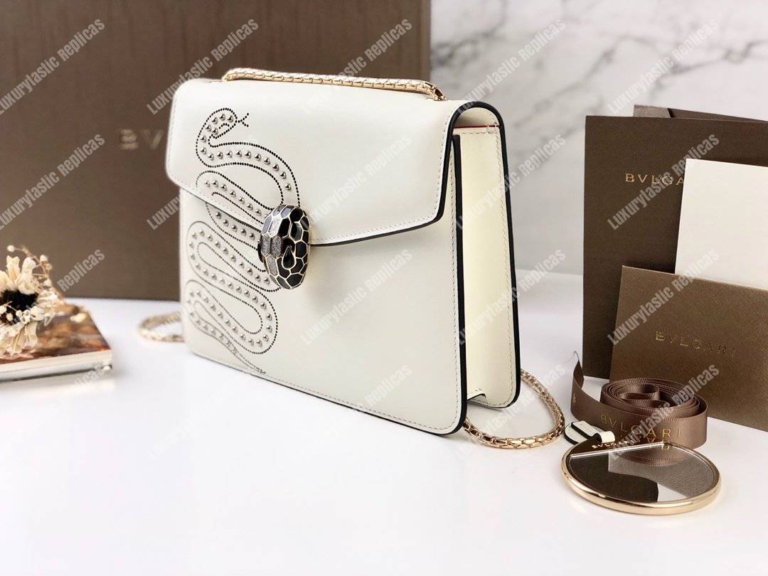 BVL Serpenti Forever Flap Cover Crossbody Bag White Agate With Studded Neon Motif