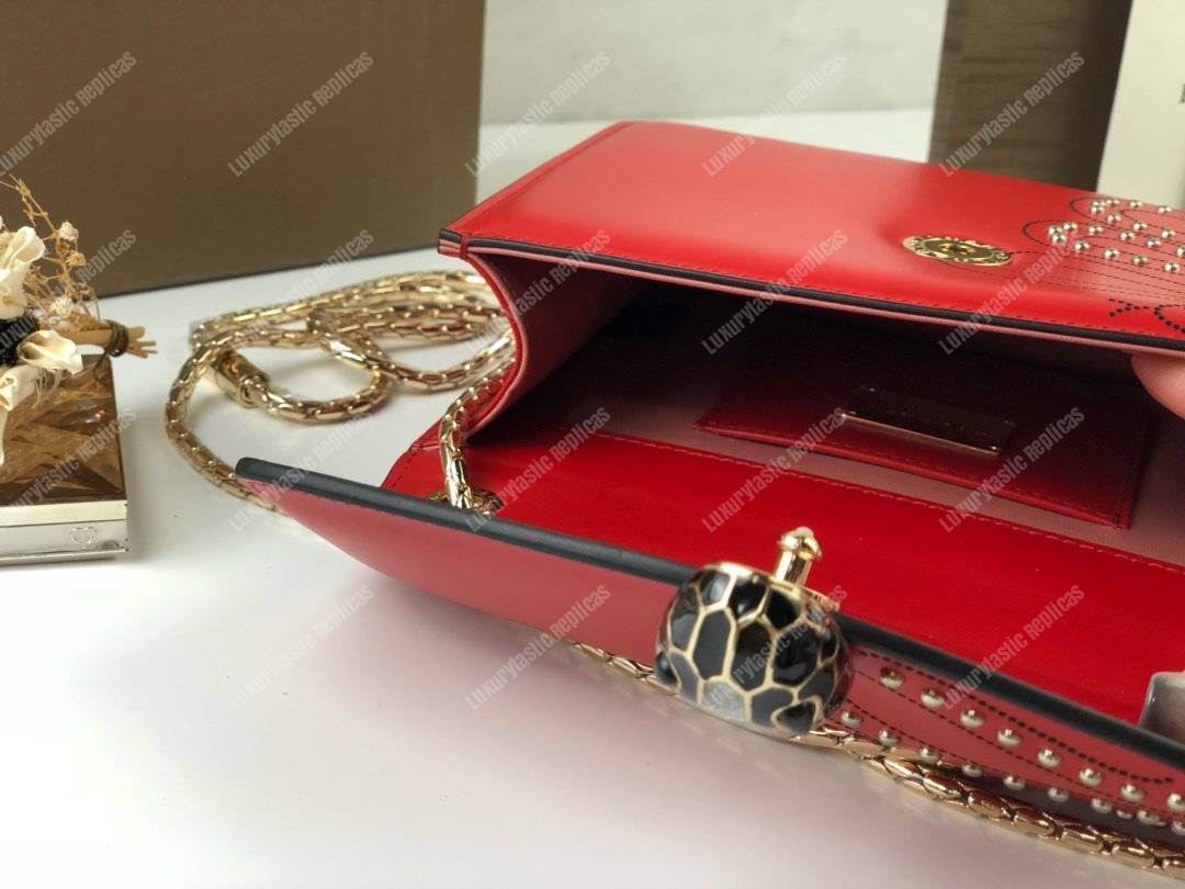 BVL Serpenti Forever Flap Cover Crossbody Bag Flame Coral With Studded Neon Motif