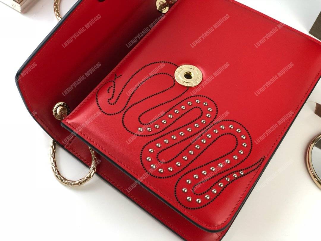 BVL Serpenti Forever Flap Cover Crossbody Bag Flame Coral With Studded Neon Motif