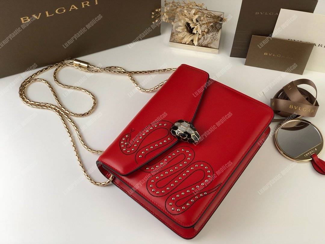 BVL Serpenti Forever Flap Cover Crossbody Bag Flame Coral With Studded Neon Motif