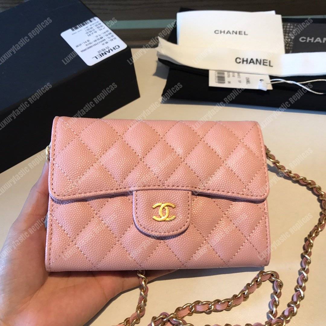 Ch*el classic clutch with chain – cwc caviar light pink gold-toned