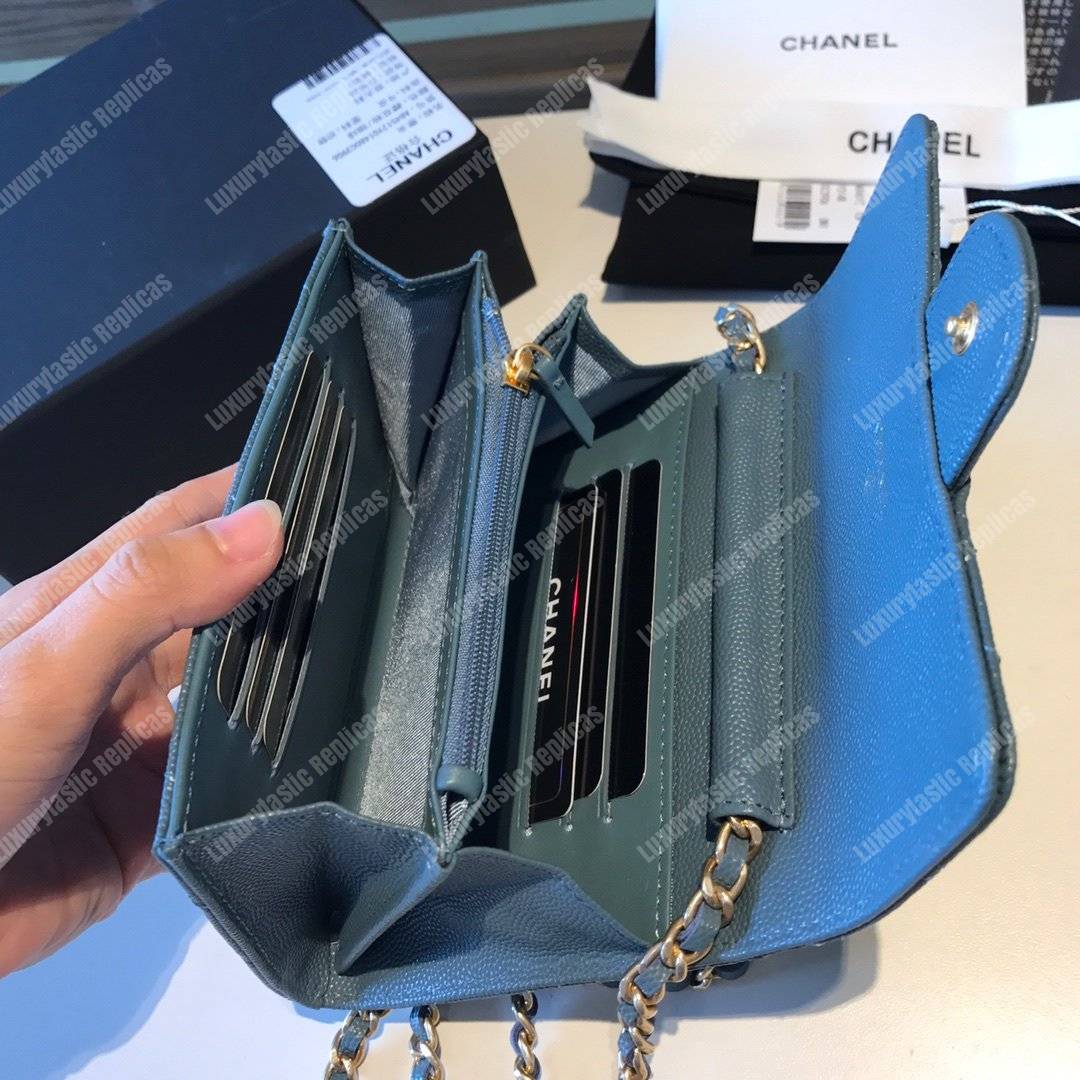 Ch*el classic clutch with chain – cwc caviar light blue silver-toned