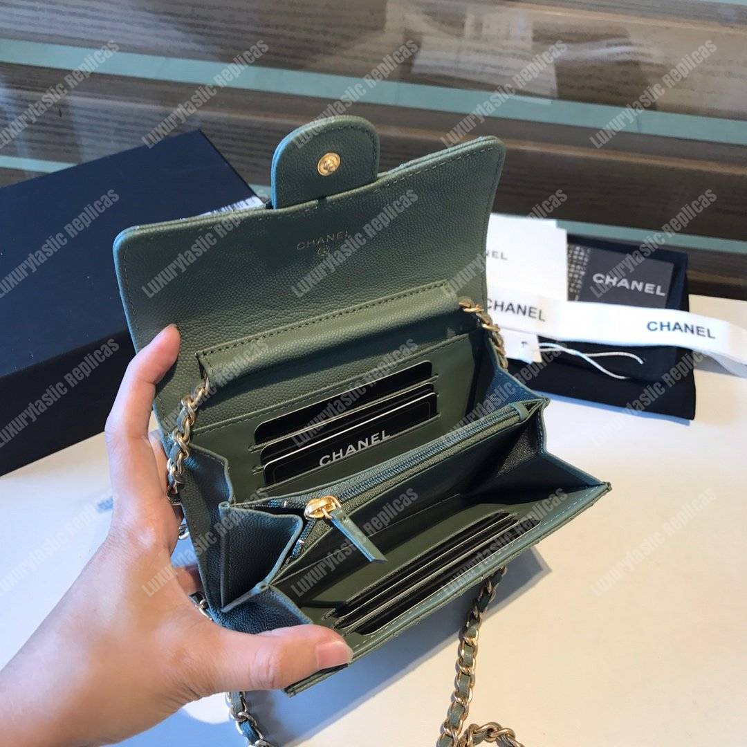 Ch*el classic clutch with chain – cwc caviar pistachio gold-toned