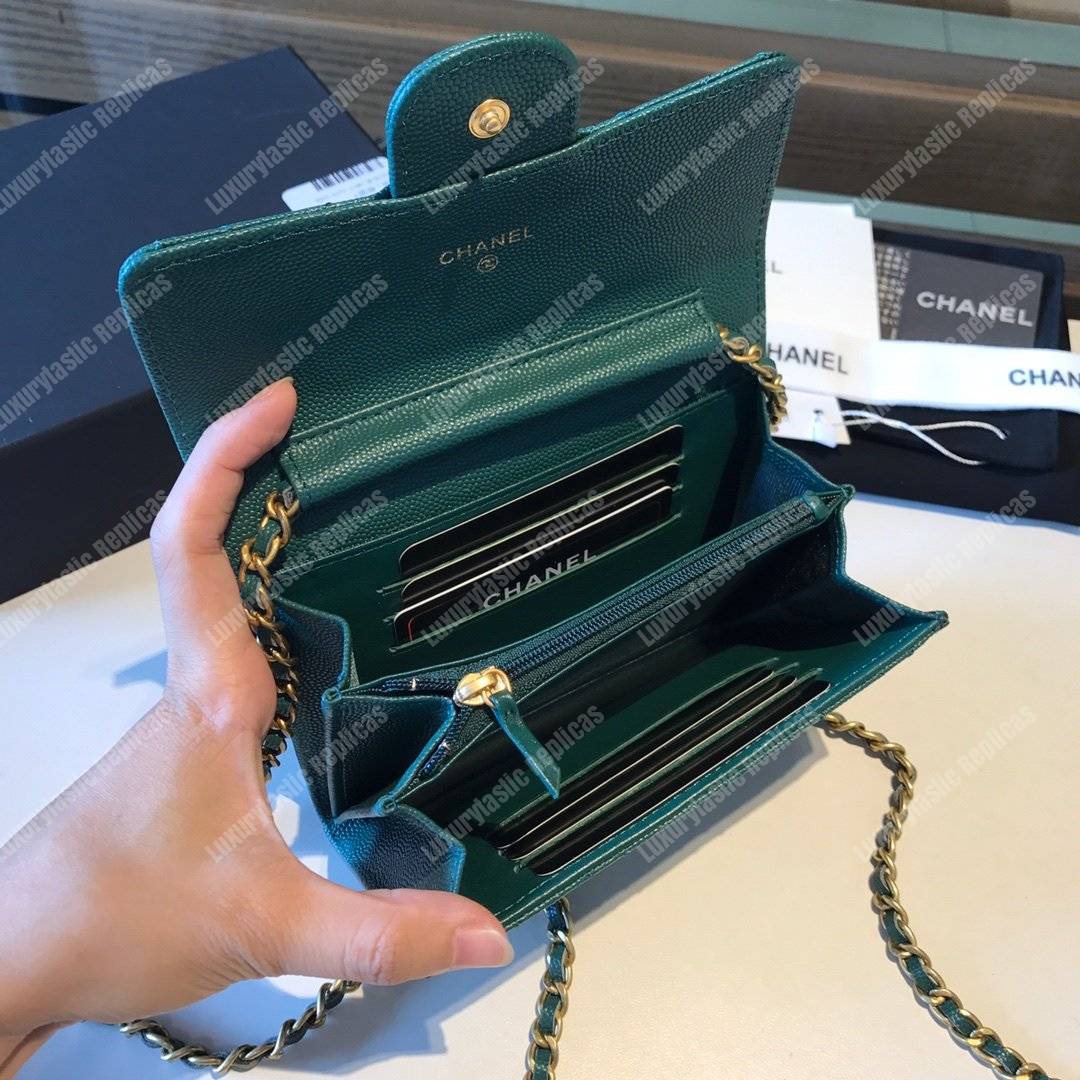 Ch*el classic clutch with chain – cwc caviar teal gold-toned