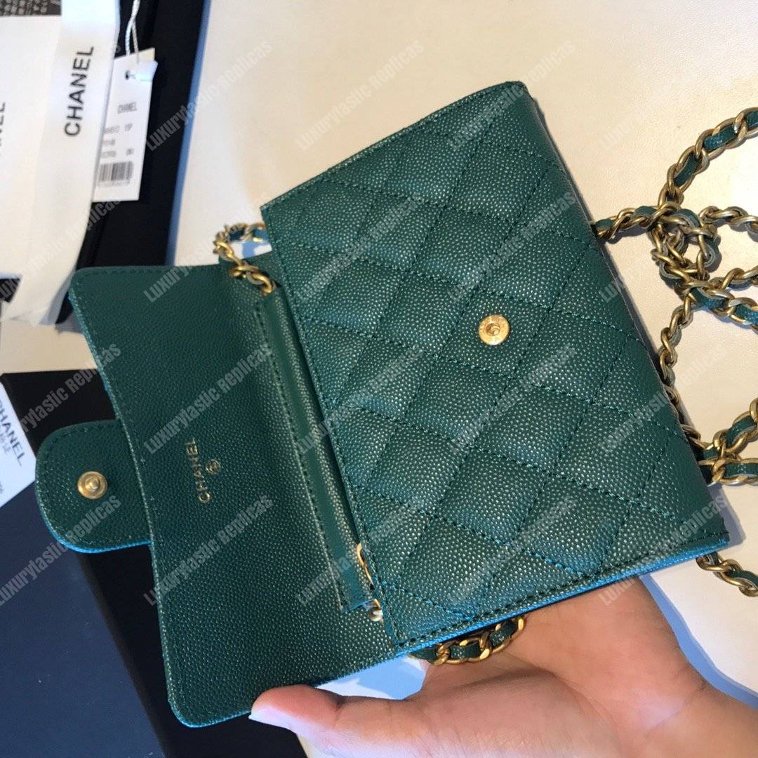 Ch*el classic clutch with chain – cwc caviar teal gold-toned