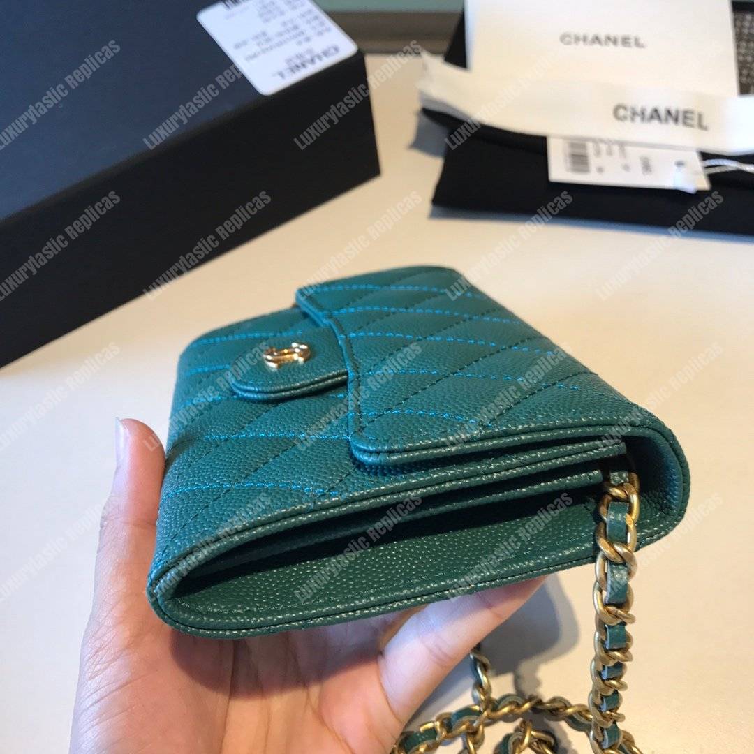Ch*el classic clutch with chain – cwc caviar teal gold-toned