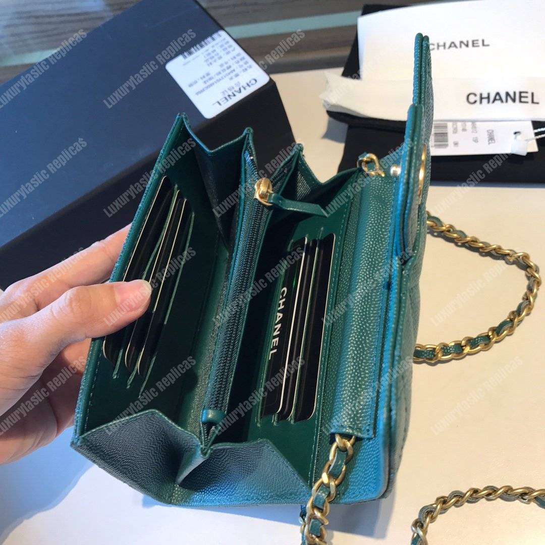 Ch*el classic clutch with chain – cwc caviar teal gold-toned