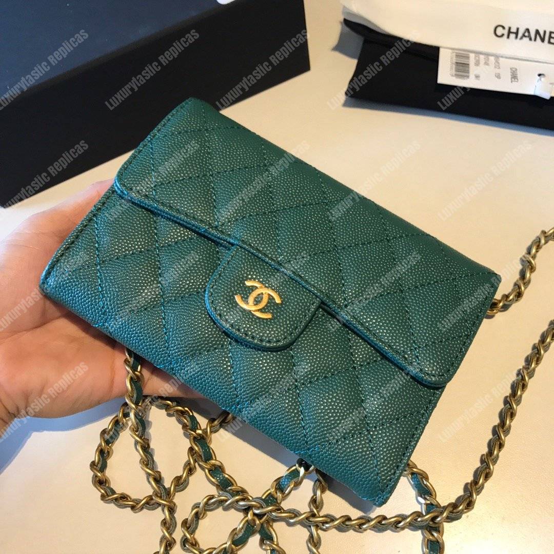Ch*el classic clutch with chain – cwc caviar teal gold-toned