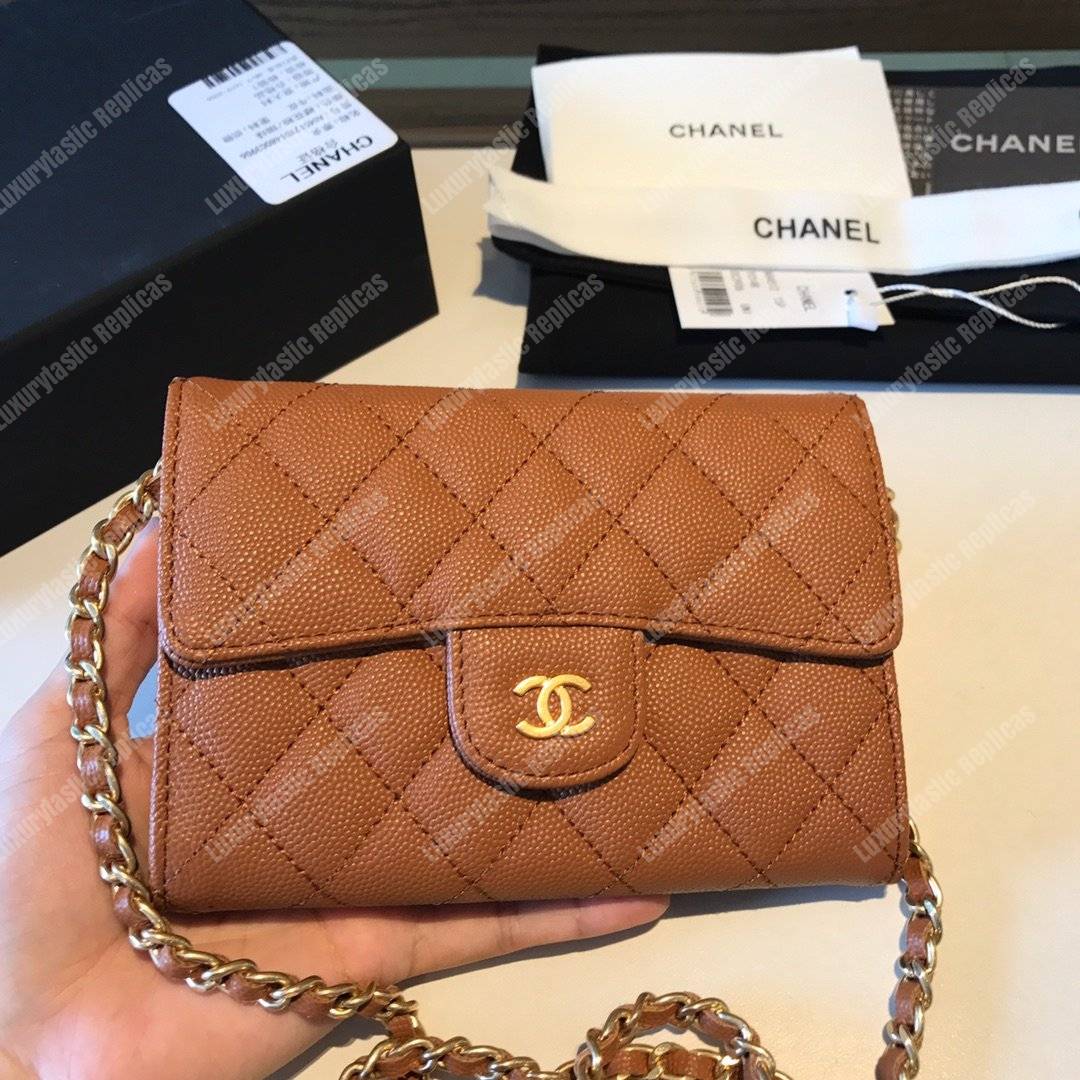 Ch*el classic clutch with chain – cwc caviar brown gold-toned