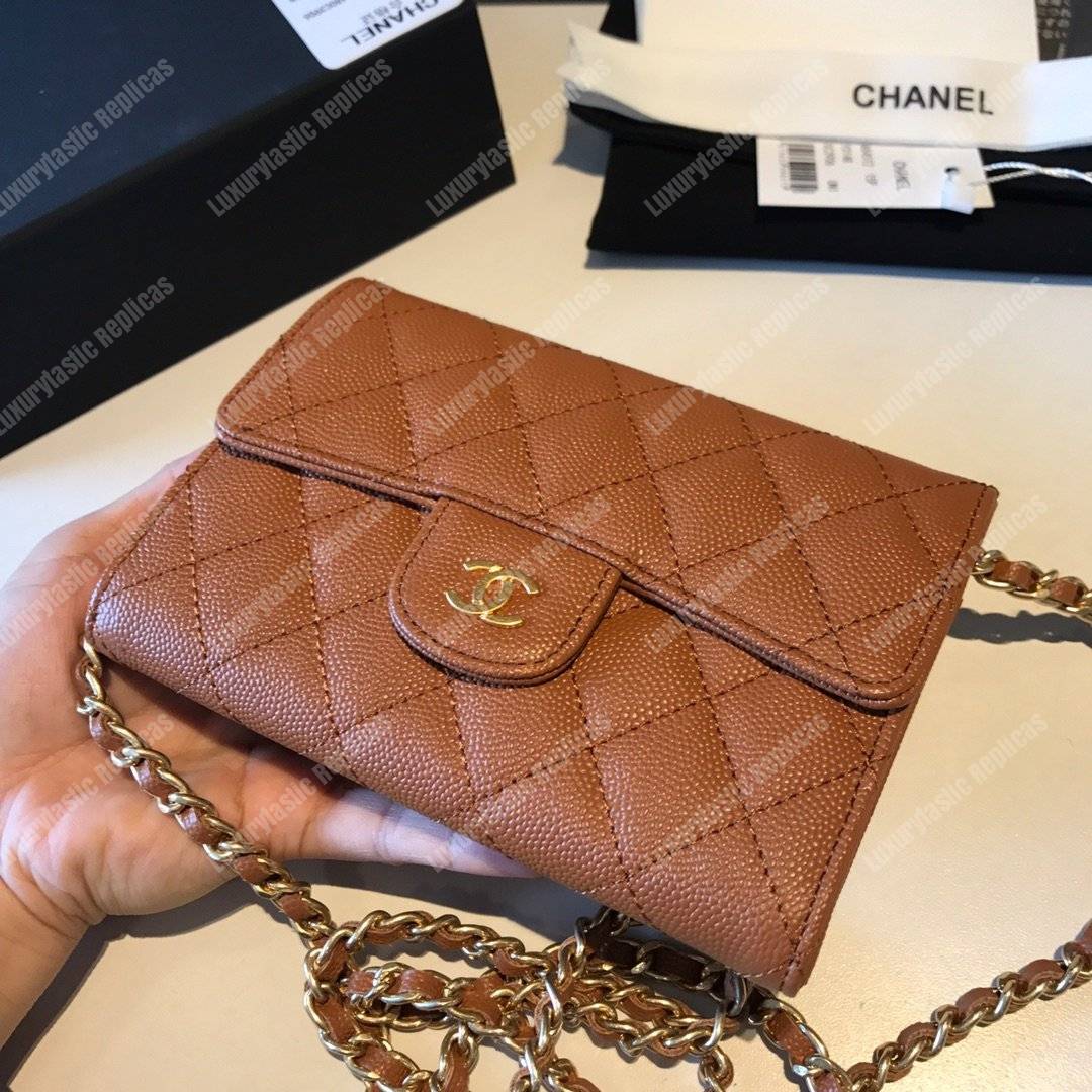 Ch*el classic clutch with chain – cwc caviar brown gold-toned
