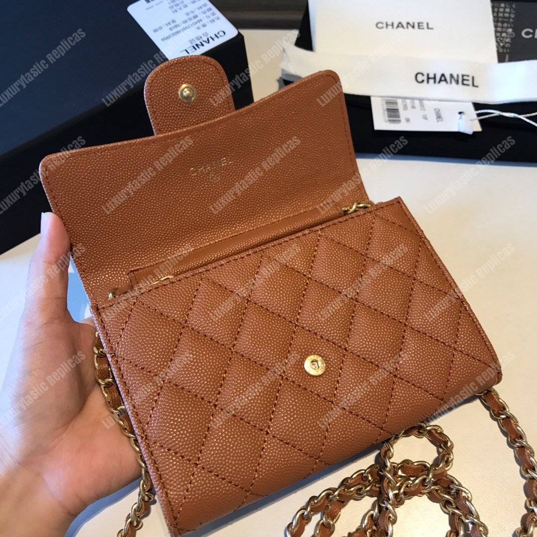 Ch*el classic clutch with chain – cwc caviar brown gold-toned