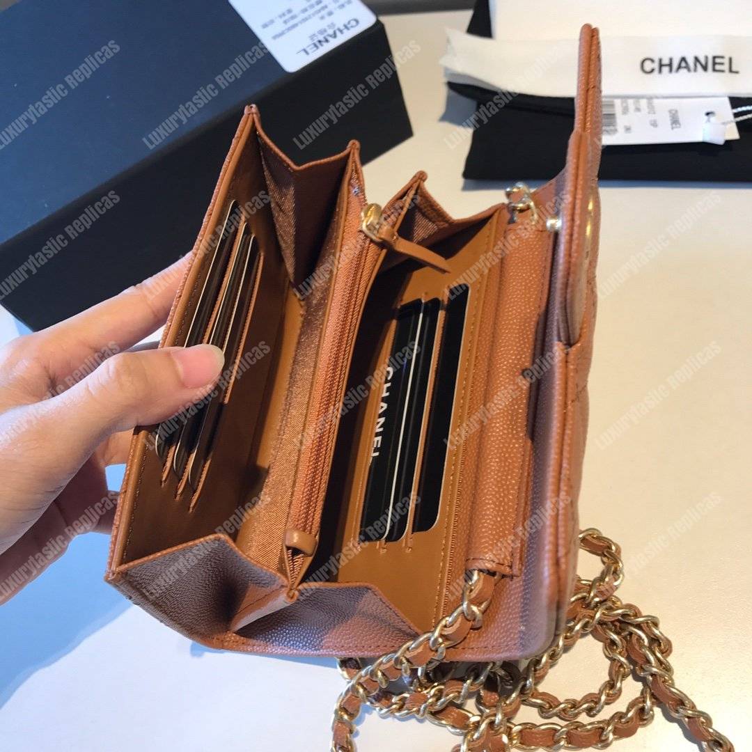 Ch*el classic clutch with chain – cwc caviar brown gold-toned