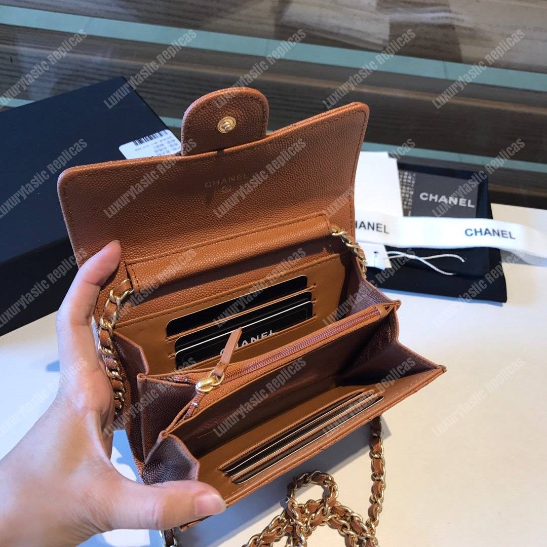 Ch*el classic clutch with chain – cwc caviar brown gold-toned