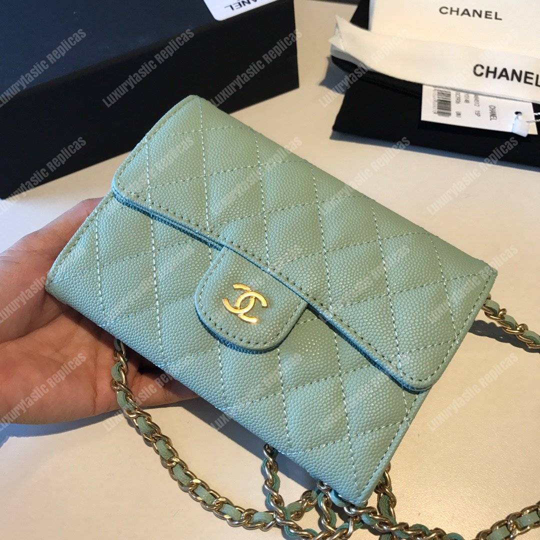 Ch*el classic clutch with chain – cwc caviar seafoam green silver-toned