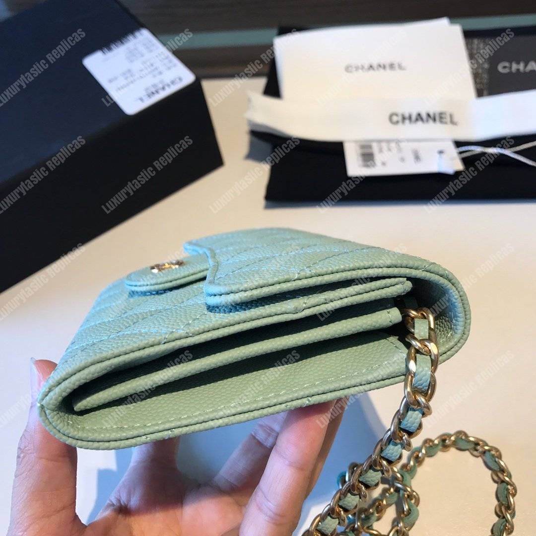 Ch*el classic clutch with chain – cwc caviar seafoam green silver-toned