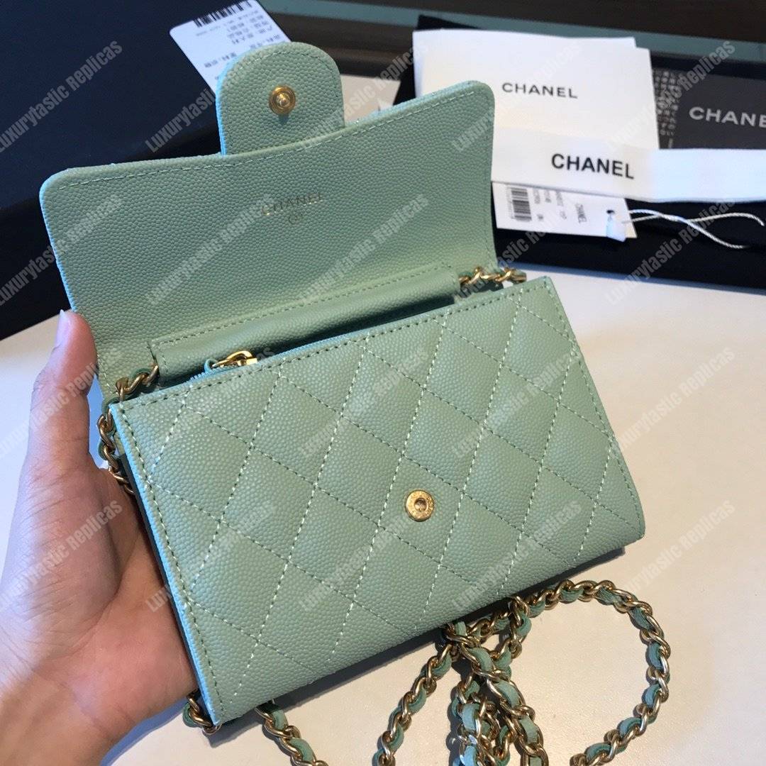 Ch*el classic clutch with chain – cwc caviar seafoam green silver-toned