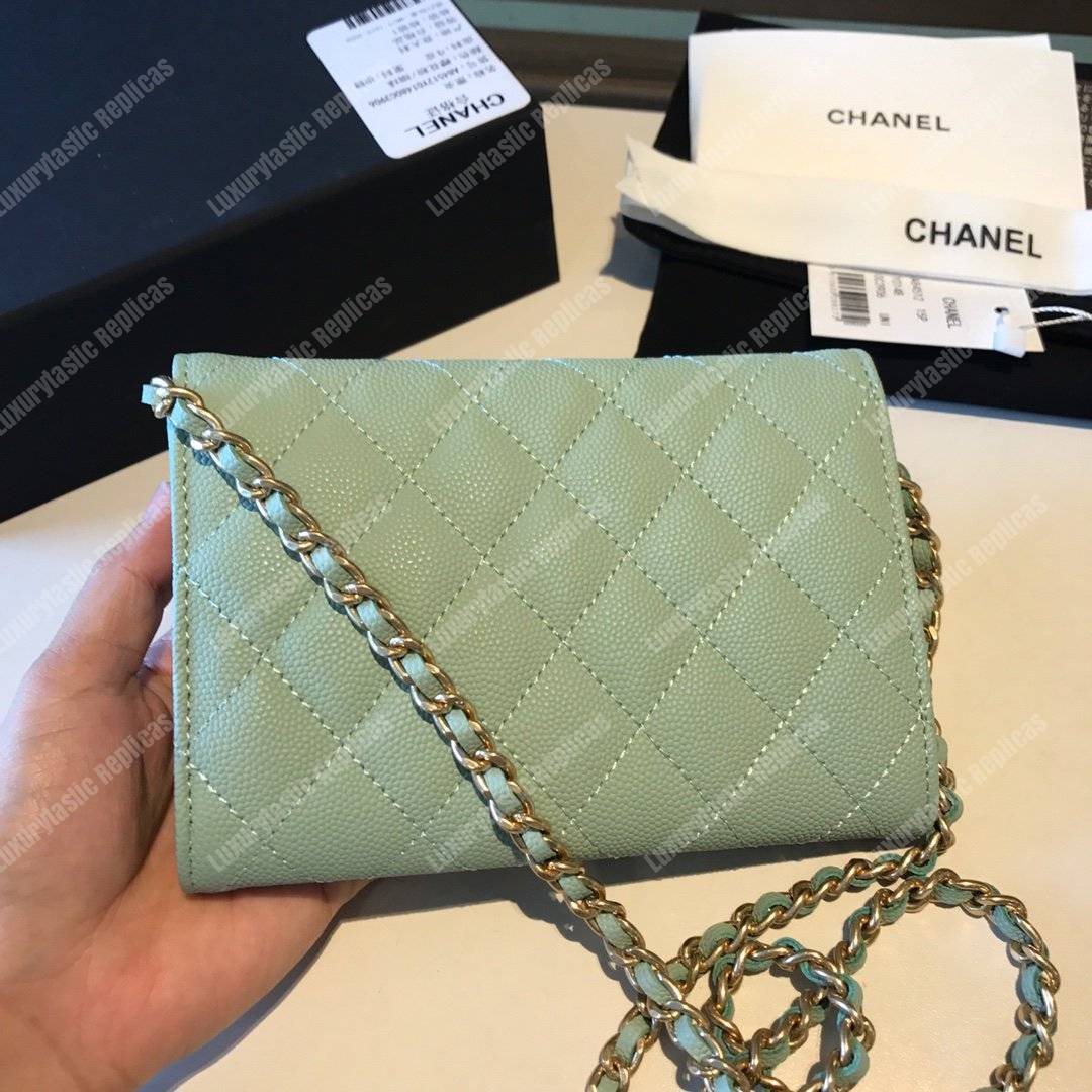 Ch*el classic clutch with chain – cwc caviar seafoam green silver-toned