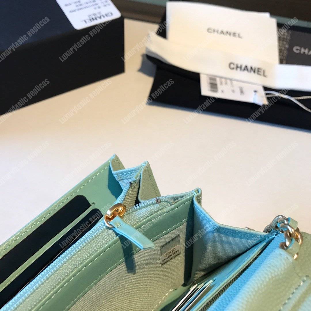 Ch*el classic clutch with chain – cwc caviar seafoam green silver-toned