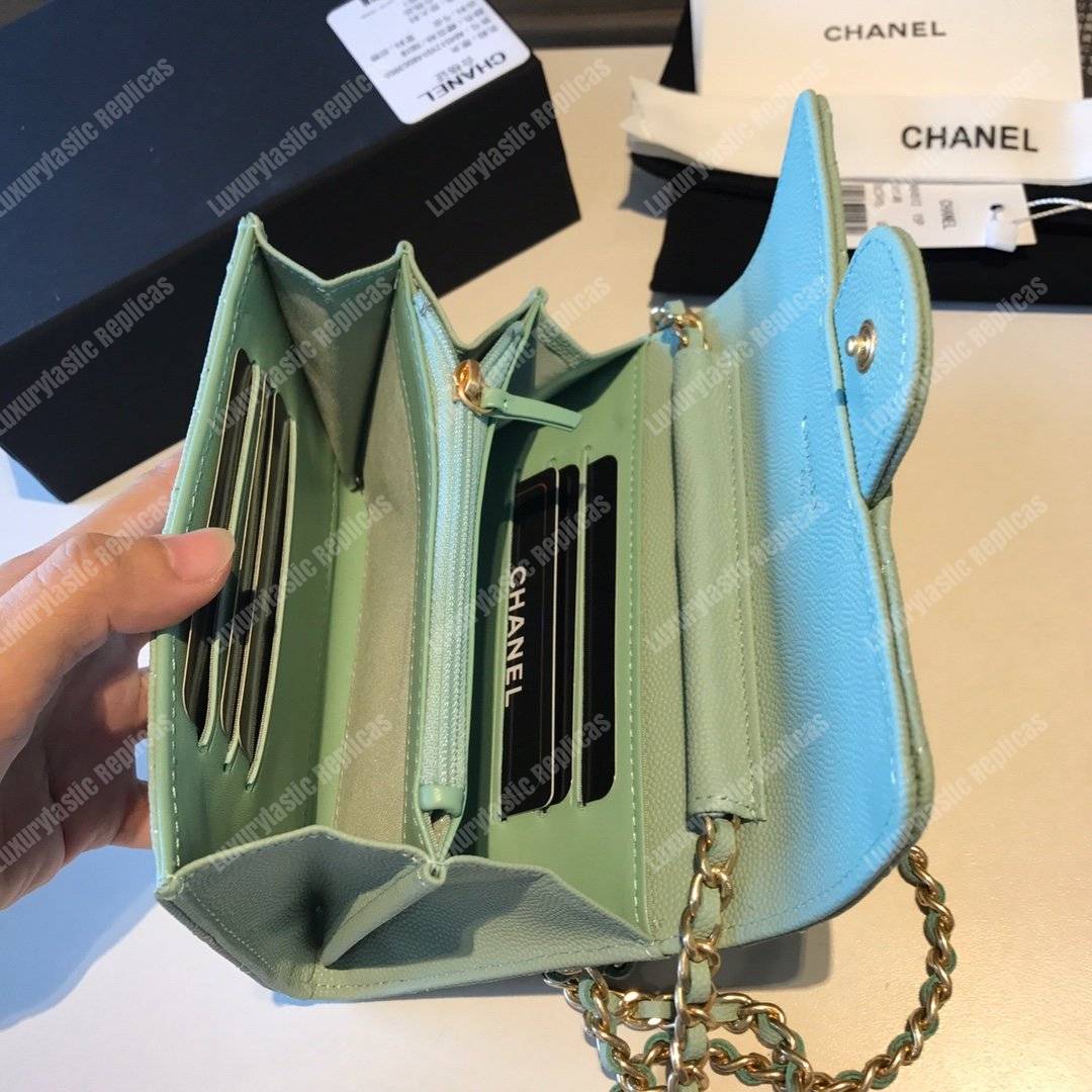 Ch*el classic clutch with chain – cwc caviar seafoam green silver-toned