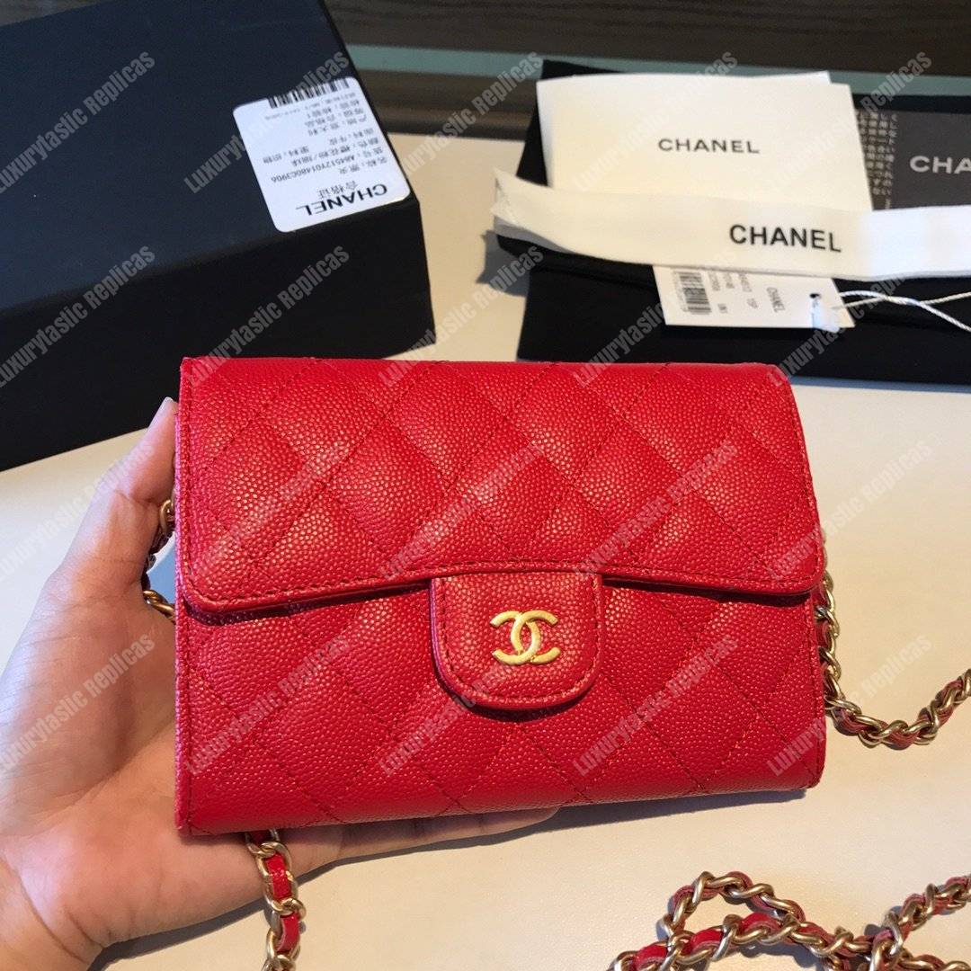 Ch*el classic clutch with chain – cwc caviar red silver-toned