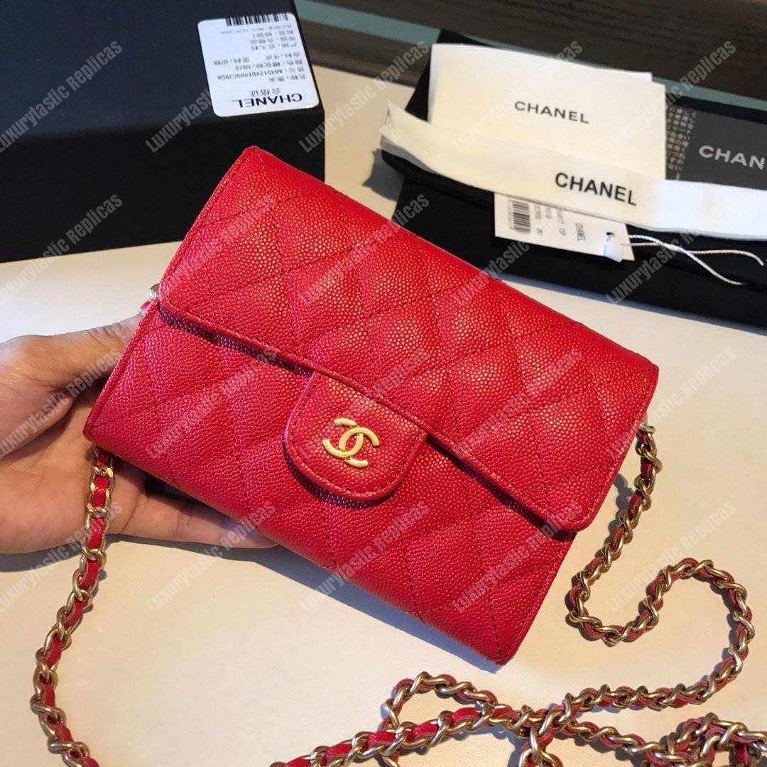 Ch*el classic clutch with chain – cwc caviar red silver-toned