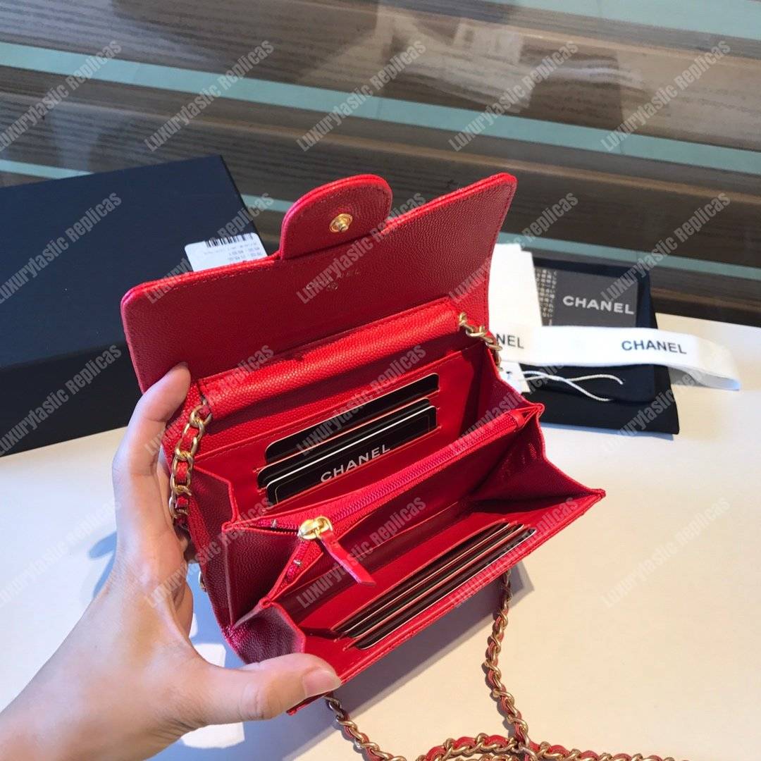 Ch*el classic clutch with chain – cwc caviar red silver-toned