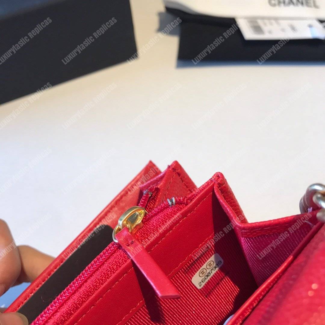 Ch*el classic clutch with chain – cwc caviar red silver-toned