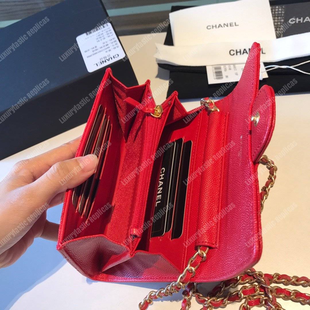 Ch*el classic clutch with chain – cwc caviar red silver-toned