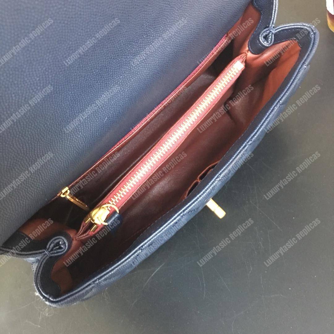 Ch*el flap bag with top handle navy blue