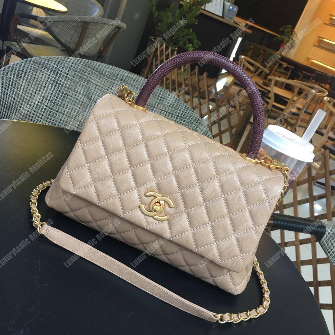 Ch*el flap bag with top handle beige