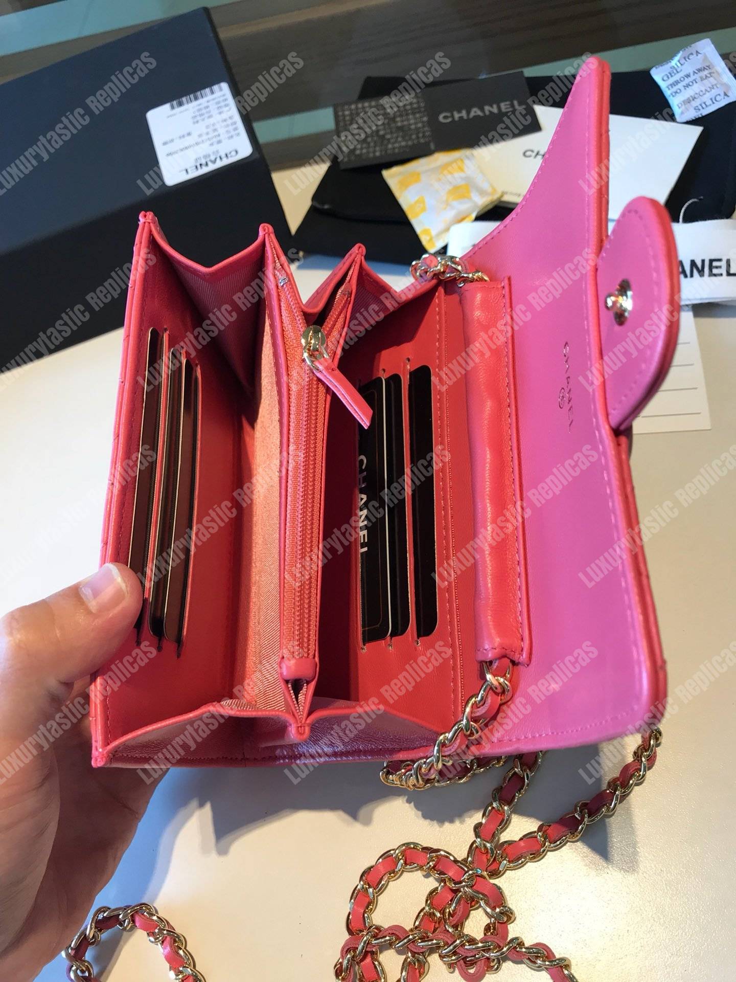 Ch*el classic clutch with chain – cwc lambskin pink silver-toned