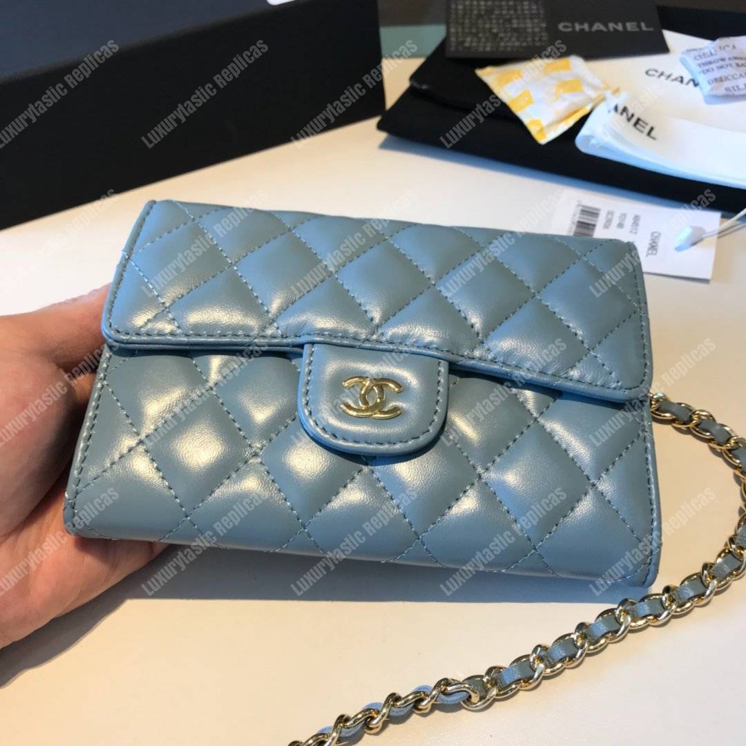 Ch*el classic clutch with chain – cwc lambskin light blue silver-toned