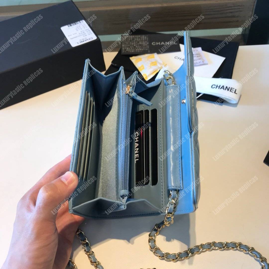 Ch*el classic clutch with chain – cwc lambskin light blue silver-toned