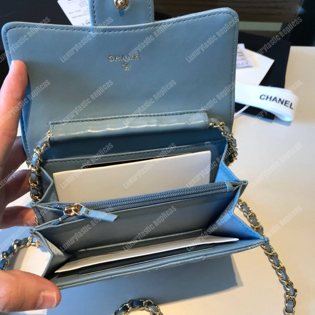 Ch*el classic clutch with chain – cwc lambskin light blue silver-toned