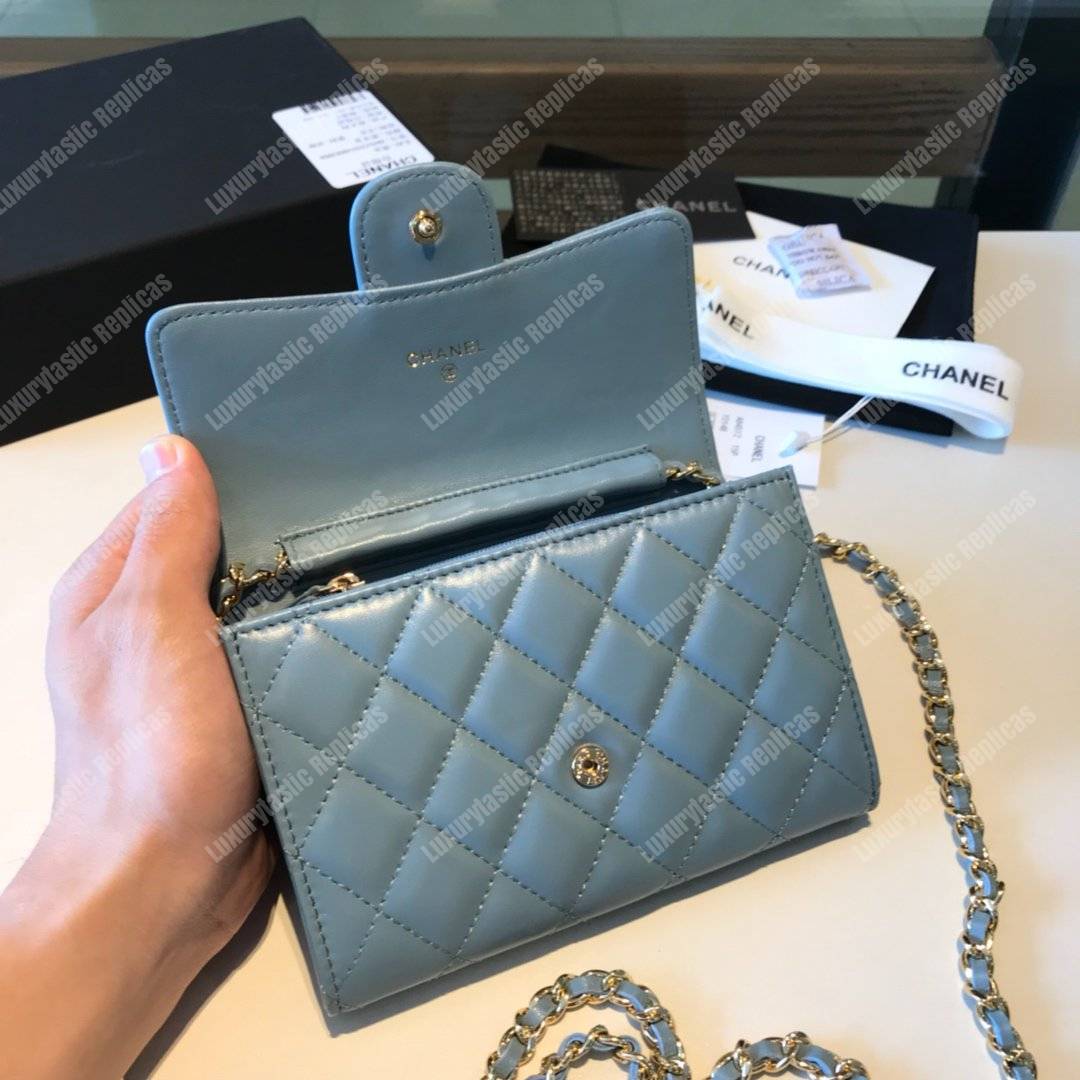 Ch*el classic clutch with chain – cwc lambskin light blue silver-toned