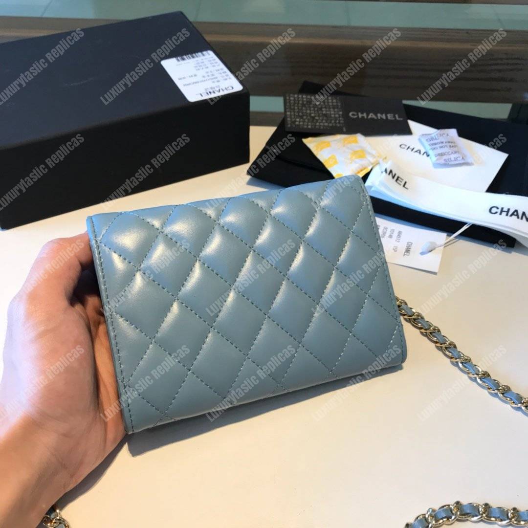 Ch*el classic clutch with chain – cwc lambskin light blue silver-toned