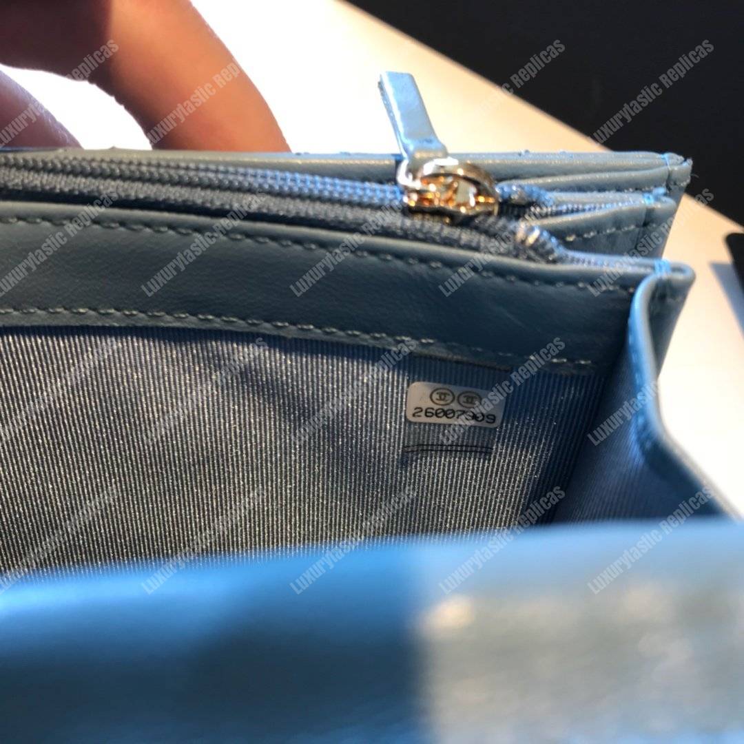 Ch*el classic clutch with chain – cwc lambskin light blue silver-toned