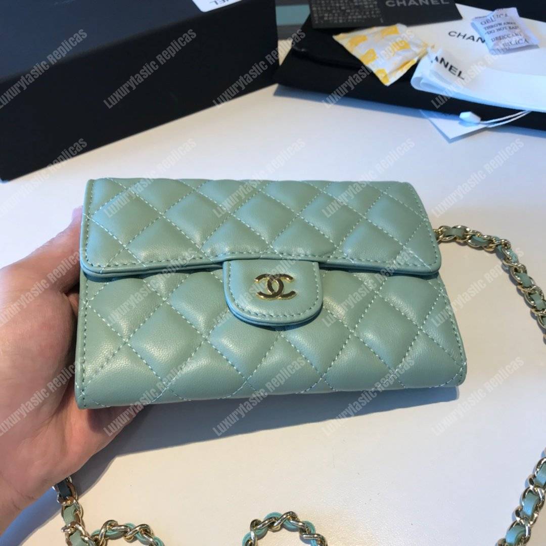Ch*el classic clutch with chain – cwc lambskin seafoam green silver-toned
